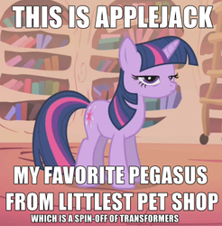 Size: 411x417 | Tagged: safe, edit, edited screencap, screencap, twilight sparkle, pony, unicorn, boast busters, g4, my little pony: friendship is magic, blatant lies, caption, cowboy bebop at his computer, female, image macro, implied applejack, littlest pet shop, meme, op is on drugs, solo, transformers, troll quote, twilight sparkle is not amused, unamused, unicorn twilight, wat, wrong, you had one job