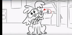 Size: 1286x632 | Tagged: safe, screencap, spike, spike the regular dog, dog, equestria girls, g4, my little pony equestria girls: friendship games, animatic, deleted scene, monochrome, plushie, pony plushie, storyboard