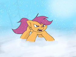 Size: 2048x1536 | Tagged: safe, artist:fuzzyfox11, scootaloo, g4, badass, female, growling, scootaloo is not amused, snow, snowfall, solo