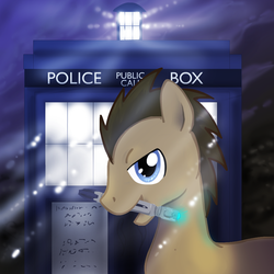 Size: 900x900 | Tagged: safe, artist:mechanicalmasochist, doctor whooves, time turner, earth pony, pony, g4, doctor who, male, mouth hold, solo, sonic screwdriver, stallion, tardis