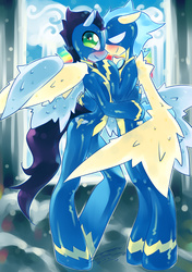 Size: 1000x1417 | Tagged: dead source, safe, artist:iopichio, misty fly, soarin', pegasus, semi-anthro, g4, arm hooves, blushing, duo, gay, male, mistin', rule 63, shipping, wonderbolts uniform