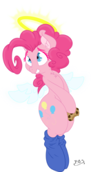 Size: 650x1230 | Tagged: safe, artist:dfectivedvice, artist:midnightblitzz, color edit, pinkie pie, angel, semi-anthro, g4, angelic wings, arm hooves, chest fluff, colored, cookie, cute, ear fluff, eyelashes, female, fluffy, grin, halo, hoof hold, simple background, smiling, solo, transparent background, vector