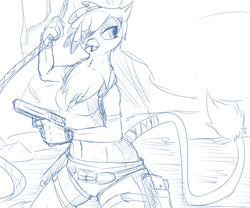 Size: 1280x1067 | Tagged: safe, artist:wouhlven, oc, oc only, oc:ginger feathershy, griffon, anthro, clothes, cosplay, costume, gun, handgun, heckler and koch, lara croft, monochrome, pistol, rope, shorts, solo, tank top, tomb raider, usp, weapon