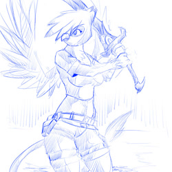 Size: 500x500 | Tagged: safe, artist:cladz, oc, oc only, oc:ginger feathershy, griffon, anthro, clothes, cosplay, costume, excalibur, lara croft, monochrome, shorts, solo, sword, tank top, tomb raider, weapon