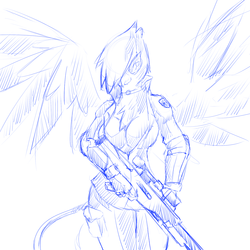 Size: 1280x1280 | Tagged: safe, artist:cladz, oc, oc only, oc:ginger feathershy, griffon, anthro, breasts, cleavage, clothes, cosplay, costume, female, foxhound, gun, hooves, jumpsuit, konami, metal gear, metal gear solid, monochrome, optical sight, rifle, simple background, sniper rifle, sniper wolf, solo, weapon, white background, wings