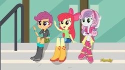 Size: 1280x720 | Tagged: safe, screencap, apple bloom, scootaloo, sweetie belle, equestria girls, friendship games, g4, boots, clothes, cute, cutie mark crusaders, grin, open mouth, shorts, sitting, smiling, smirk, waving