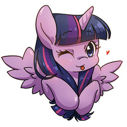 Size: 413x415 | Tagged: safe, artist:yukandasama, twilight sparkle, alicorn, pony, g4, cute, eyebrows, eyebrows visible through hair, female, heart, mare, one eye closed, pixiv, simple background, smiling, solo, tongue out, twiabetes, twilight sparkle (alicorn), white background, wink