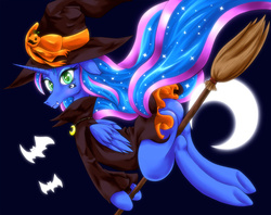 Size: 1429x1133 | Tagged: safe, artist:nipa, princess luna, bat, g4, broom, butt, crescent moon, fangs, female, floppy ears, flying, flying broomstick, hat, jack-o-lantern, looking at you, moon, night, pixiv, plot, pumpkin, solo, underhoof, witch, witch hat