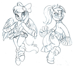 Size: 700x654 | Tagged: safe, artist:brianblackberry, flitter, minuette, pegasus, pony, unicorn, g4, cheerleader, clothes, female, monochrome, ponytail, solo