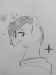 Size: 1944x2592 | Tagged: safe, artist:subimaru_kai, oc, oc only, oc:life bloom, fallout equestria, bust, glasses, hood, monochrome, solo, traditional art