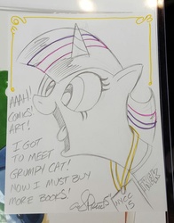 Size: 804x1024 | Tagged: safe, artist:andypriceart, twilight sparkle, alicorn, pony, g4, female, grumpy cat, happy, mare, nycc 2015, screaming, solo, that pony sure does love books, traditional art, twilight sparkle (alicorn)