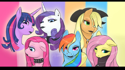Size: 2560x1440 | Tagged: safe, artist:arareroll, applejack, fluttershy, pinkie pie, rainbow dash, rarity, twilight sparkle, earth pony, pegasus, pony, unicorn, g4, bedroom eyes, black lipstick, bust, choker, clothes, ear piercing, floppy ears, frown, goth, hat, lidded eyes, lipstick, looking at you, mane six, necklace, nose piercing, piercing, pinkamena diane pie, portrait, skull, smiling, smirk, spiked choker, sweater, turtleneck