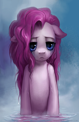 Size: 600x934 | Tagged: safe, artist:miszasta, pinkie pie, earth pony, pony, g4, bipedal, bust, crying, female, floppy ears, lidded eyes, mare, sad, solo, teary eyes, water