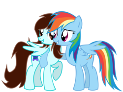 Size: 1600x1200 | Tagged: safe, artist:linormusicbeatpone, rainbow dash, oc, oc:linormusicbeat, g4, cute, dashabetes, friends, hoof around neck, hug, looking at each other, smiling, wings almost open