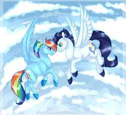 Size: 1096x1000 | Tagged: safe, artist:space-geckos, rainbow dash, soarin', pony, g4, backwards cutie mark, female, flying, looking at each other, male, ship:soarindash, shipping, smiling, straight