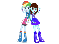 Size: 1600x1200 | Tagged: safe, artist:linormusicbeatpone, rainbow dash, oc, oc:linormusicbeat, equestria girls, g4, my little pony equestria girls: friendship games, back to back, chs rally song, microphone, ponysona, simple background, transparent background, vector