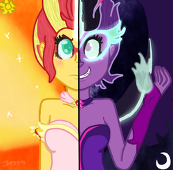Size: 560x550 | Tagged: safe, artist:apple-jazzy, sci-twi, sunset shimmer, twilight sparkle, equestria girls, g4, my little pony equestria girls: friendship games, colored pupils, daydream shimmer, midnight sparkle, split screen