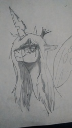 Size: 1440x2560 | Tagged: safe, artist:darknessconspires, queen chrysalis, changeling, changeling queen, g4, female, looking at you, monochrome, sketch, smiling, solo, traditional art