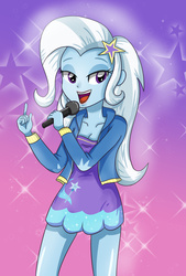Size: 3061x4530 | Tagged: safe, artist:sumin6301, trixie, equestria girls, g4, cleavage, clothes, cute, diatrixes, female, high res, microphone, open mouth, singing, solo, stars