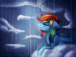 Size: 1200x900 | Tagged: safe, artist:silentwulv, rainbow dash, g4, cloud, cloudy, eyes closed, female, prone, rain, solo, wet