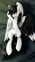 Size: 2160x3840 | Tagged: safe, artist:maxrubio, oc, oc only, oc:revi stiletto, pegasus, pony, body pillow, clothes, high res, leather jacket, red eyes, solo