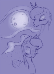 Size: 492x680 | Tagged: safe, artist:post-it, princess luna, children of the night, g4, female, monochrome, moon, simple background, sketch, solo, stars