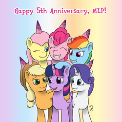 Size: 1280x1280 | Tagged: safe, artist:mkogwheel, applejack, fluttershy, pinkie pie, rainbow dash, rarity, twilight sparkle, alicorn, earth pony, pegasus, pony, unicorn, g4, anniversary, female, group hug, happy birthday mlp:fim, mane six, mare, mlp fim's fifth anniversary, twilight sparkle (alicorn)