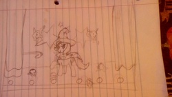 Size: 1280x725 | Tagged: safe, artist:dazzeloids-outcast, trixie, pony, unicorn, g4, female, lined paper, mare, photo, solo, stage, tomato, traditional art