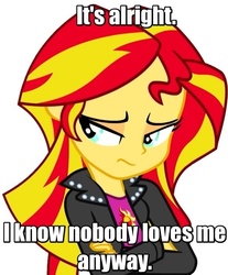 Size: 597x720 | Tagged: safe, sunset shimmer, equestria girls, g4, background pony strikes again, blatant lies, bronybait, crossed arms, female, image macro, meme, op is a duck, op is trying to start shit, sad, self doubt, simple background, solo, sunsad shimmer, text edit, vector, white background