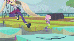 Size: 360x203 | Tagged: safe, edit, edited screencap, screencap, fluttershy, sour sweet, equestria girls, g4, my little pony equestria girls: friendship games, animated, female, robin hood: men in tights, unnecessary combat roll