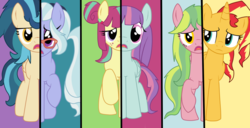 Size: 1024x526 | Tagged: safe, artist:luckyclau, indigo zap, lemon zest, sour sweet, sugarcoat, sunny flare, sunset shimmer, earth pony, pegasus, pony, unicorn, equestria girls, g4, my little pony equestria girls: friendship games, alternate mane six, equestria girls ponified, ponified, shadow five, what my cutie mark is telling me