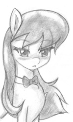Size: 715x1197 | Tagged: safe, artist:trainbang, octavia melody, earth pony, pony, g4, blushing, bowtie, chest fluff, female, grayscale, lidded eyes, mare, monochrome, pencil drawing, simple background, solo, traditional art, white background