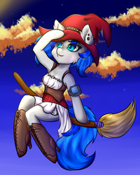 Size: 1600x2000 | Tagged: safe, artist:ladykochou, oc, oc only, oc:sapphire sights, anthro, advertisement, anatomically incorrect, armpits, boots, broom, clothes, cloud, cloudy, costume, dress, flying, flying broomstick, halloween, hat, incorrect leg anatomy, nightmare night, pipbuck, sitting, smiling, solo, stars, witch, witch hat, ych result