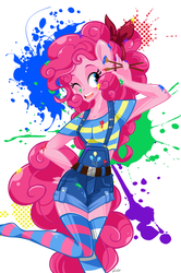 Size: 1024x1545 | Tagged: safe, artist:j-lin-mlp, pinkie pie, earth pony, anthro, g4, clothes, female, human facial structure, paintbrush, socks, solo, striped socks