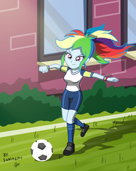 Size: 1500x1884 | Tagged: safe, artist:sumin6301, rainbow dash, equestria girls, g4, my little pony equestria girls: friendship games, alternate hairstyle, ball, canterlot high, clothes, female, football, kicking, playing, ponytail, raised leg, signature, solo, uniform, wristband