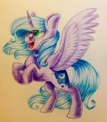 Size: 2422x2765 | Tagged: safe, artist:theorderofalisikus, princess luna, g4, cute, female, filly, high res, pencil drawing, rearing, solo, spread wings, traditional art, woona