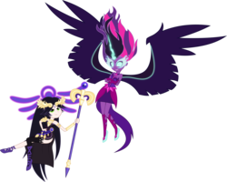Size: 5639x4518 | Tagged: safe, artist:dashiemlpfim, artist:xebck, sci-twi, twilight sparkle, equestria girls, g4, my little pony equestria girls: friendship games, absurd resolution, bare shoulders, clothes, commission, crossed arms, crossover, dark side, dress, duo, equestria girls style, equestria girls-ified, evil, fingerless gloves, gloves, horn, kid icarus, midnight sparkle, necklace, palutena, simple background, sleeveless, staff, strapless, transparent background, vector, wings