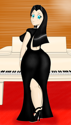 Size: 4000x7000 | Tagged: safe, artist:thepianistmare, oc, oc only, oc:klavinova, human, ass, black hair, blue eyes, butt, chubby, clothes, curvy, dress, gala dress, humanized, iphone wallpaper, large butt, musical instrument, phone wallpaper, piano, plump, solo, the ass was fat, thick