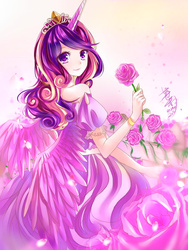 Size: 900x1200 | Tagged: safe, artist:leab-lb, princess cadance, human, g4, clothes, dress, female, flower, horn, horned humanization, humanized, pixiv, rose, solo, winged humanization