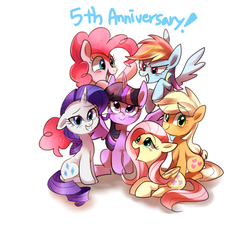 Size: 1400x1301 | Tagged: safe, artist:sion-ara, applejack, fluttershy, pinkie pie, rainbow dash, rarity, twilight sparkle, alicorn, pony, g4, anniversary, female, floppy ears, grin, happy, happy birthday mlp:fim, hatless, looking at you, mane six, mane six opening poses, mare, missing accessory, mlp fim's fifth anniversary, smiling, twilight sparkle (alicorn)