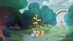 Size: 1913x1077 | Tagged: safe, screencap, apple bloom, scootaloo, sweetie belle, crusaders of the lost mark, g4, choice, cutie mark crusaders, narrow way, path, rainbow