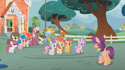 Size: 1911x1075 | Tagged: safe, screencap, apple bloom, aquamarine, button mash, cheerilee, diamond tiara, little red, pipsqueak, scootaloo, silver spoon, snails, snips, spoiled rich, super funk, sweetie belle, twist, earth pony, pony, crusaders of the lost mark, g4, butt, colt, cutie mark crusaders, female, liquid button, male, mare, plot