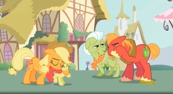 Size: 1667x913 | Tagged: safe, screencap, apple bloom, applejack, big macintosh, granny smith, earth pony, pony, crusaders of the lost mark, g4, applejack's hat, cowboy hat, crying, crying on the outside, hat, hug, liquid pride, male, stallion