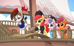 Size: 2560x1600 | Tagged: safe, artist:mysticalpha, apple bloom, pipsqueak, scootaloo, sweetie belle, g4, clothes, cutie mark crusaders, eyepatch, pirate, pirate ship, plank, raised hoof, wooden sword
