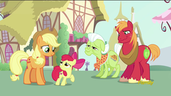 Size: 1920x1080 | Tagged: safe, screencap, apple bloom, applejack, big macintosh, granny smith, earth pony, pony, crusaders of the lost mark, g4, apple bloom's bow, apple family, applejack's hat, bow, cowboy hat, crying, crying on the outside, family, feels, female, filly, foal, group, hair bow, hat, liquid pride, male, mare, quartet, raised hoof, stallion, the cmc's cutie marks, wavy mouth