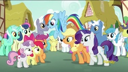 Size: 1920x1080 | Tagged: safe, screencap, apple bloom, applejack, bon bon, comet tail, cotton cloudy, lightning bolt, lyra heartstrings, pokey pierce, rainbow dash, rainy feather, rarity, royal riff, scootaloo, sweetie belle, sweetie drops, white lightning, pegasus, pony, crusaders of the lost mark, g4, cutie mark crusaders, female, filly, mare, sisters, the cmc's cutie marks