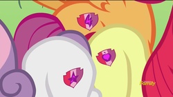 Size: 1920x1080 | Tagged: safe, screencap, apple bloom, scootaloo, sweetie belle, earth pony, pegasus, pony, unicorn, crusaders of the lost mark, g4, season 5, butt bump, butt to butt, butt touch, cutie mark, cutie mark crusaders, female, filly, foal, it happened, the cmc's cutie marks, trio, trio female