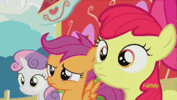 Size: 500x281 | Tagged: safe, screencap, apple bloom, scootaloo, sweetie belle, crusaders of the lost mark, g4, animated, backwards cutie mark, cutie mark crusaders, discovery family, discovery family logo, female, gif, happy, it happened, the cmc's cutie marks