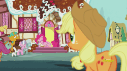 Size: 500x281 | Tagged: safe, screencap, apple bloom, applejack, big macintosh, granny smith, pinkie pie, earth pony, pony, crusaders of the lost mark, g4, animated, butt, crying, crying on the outside, discovery family, discovery family logo, female, filly, hug, liquid pride, male, mare, plot, stallion, talking
