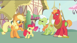 Size: 1920x1080 | Tagged: safe, screencap, apple bloom, applejack, big macintosh, granny smith, earth pony, pony, crusaders of the lost mark, g4, apple siblings, apple sisters, brother and sister, crying, crying on the outside, female, filly, foal, liquid pride, male, siblings, sisters, stallion, the cmc's cutie marks, wavy mouth